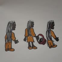 3 natives bringing food to the non natives